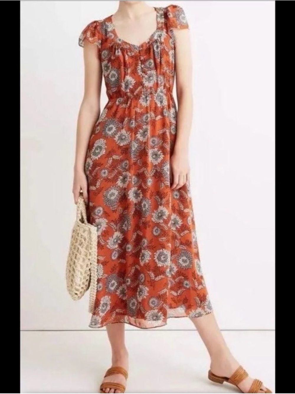 NWT Madewell Floral Chiffon Midi Dress Scoop Neck Short Sleeve Buttons Zip Sz 14 - Picture 2 of 11